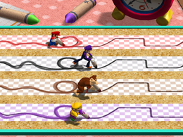Mario human player making a ruffled loop, but doing overall great in Trace Race from Mario Party 4