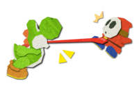 2D artwork of Yoshi licking Shy Guy from Yoshi's Crafted World