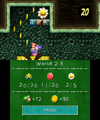 Smiley Flower 3: On a high area that requires Blue Yoshi to ground pound the third Blarrgwich over a pit. Blue Yoshi needs to then throw an egg following a trail of coins to retrieve the flower.