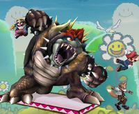 A screenshot of Giga Bowser fighting Mario, Fox, and Wario in the Yoshi's Island stage of Super Smash Bros. Brawl