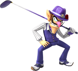 Artwork of Waluigi holding a golf club from Mario Golf: Super Rush