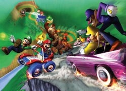 Artwork of characters racing on GCN DK Mountain