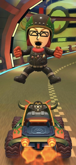 The Bowser Mii Racing Suit performing a trick.