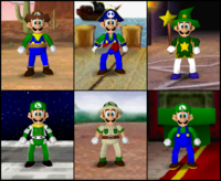 Luigi's outfits in the game Mario Party 2.