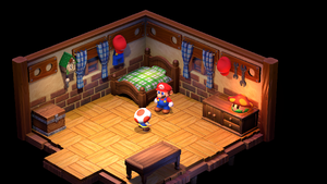 Toad giving Mario a Stay Voucher in Mario's Pad of Super Mario RPG.