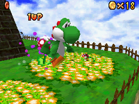 Mega Yoshi trampling on Piranha Plants while collecting coins from Super Mario 64 DS.