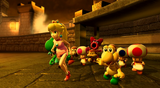 Peach and other characters run out to join Mario after getting confirmation of the victory against Bowser's team.