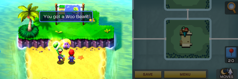 Luigi getting a Woo Bean from the purple Oho Jee in Oho Ocean part of Oho Oasis of Mario & Luigi: Superstar Saga + Bowser's Minions.