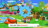 Mario getting a duplicated hammer after performing the Sticker text storage glitch in Paper Mario: Sticker Star.