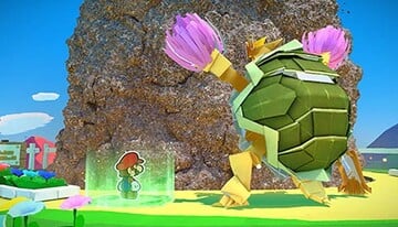 Mario and Olivia in her Earth Vellumental form in Paper Mario: The Origami King