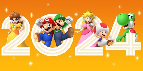 New Year 2024 artwork featuring characters from the Super Mario franchise. Pictured, from left to right, are Daisy, Mario, Luigi, Peach, Toad, and Yoshi. This image is used in an opinion poll on the Play Nintendo website.Original filename: PLAY-6324-NewYears2024-Poll01_2x1_v01.0290fa98.jpg