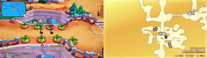 Mario and Luigi near 8 Plug Radishes containing 24 Coins on Rumbla Island of Mario & Luigi: Brothership.