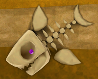 A screenshot of the Bonefin fossil integrated into a cliffside on a planet in Yoshi Star Galaxy during the "Saddle Up with Yoshi" mission from Super Mario Galaxy 2.