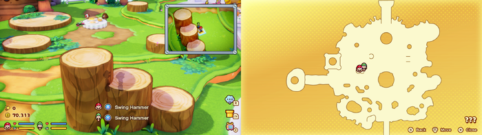 Mario and Luigi near a vent which is only seen on the Lakitu's camera containing 8 Coins in the illusionary Mushroom Kingdom area of Soli-Tree of Mario & Luigi: Brothership.