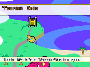 Location of Tourist Info sign of Tomorrow Hill in WarioWare: Smooth Moves, found when zoomed in on the Diamond City (single player menu) map