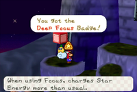 The Deep Focus badge on the platform near the entrance of Bowser's Castle during Chapter 8 in Paper Mario