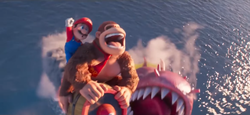 Mario and Donkey Kong use a Rocket Barrel to escape a Maw-Ray that has devoured them and return to the Mushroom Kingdom.