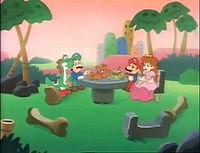 Mario and others eating in the episode King Scoopa Koopa.