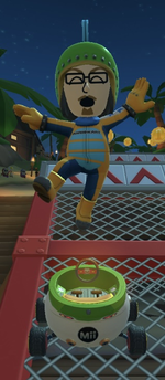 The Larry Mii Racing Suit performing a trick.