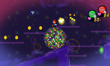 Mario riding a ball of Luiginoids using the Luiginary Constellation Work