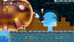 New Super Luigi U Luigi, Blue Toad, Yellow Toad and Nabbit running away from a King Bill in a castle level.
