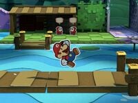 Paper Mario skewed after performing a glitch with a barrel.