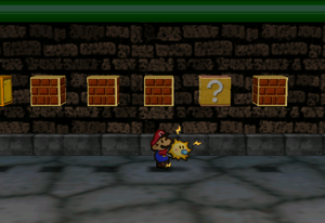 Image of Mario revealing a hidden ? Block in Toad Town Tunnels, in Paper Mario.