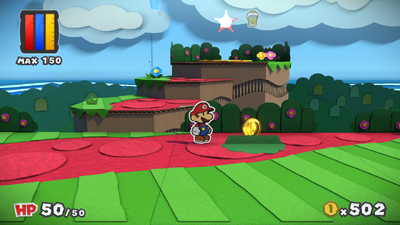 Mario near the collapsed bush in Ruddy Road of Paper Mario: Color Splash.