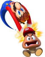 Artwork of Mario capturing a Goomba, from Super Mario Odyssey