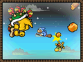 Four Toadies carrying Bowser, with Kamek close behind. Baby Bowser falls from Kamek's broomstick after getting hit by a rock.
