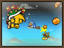 Kamek's Toadies carrying Bowser, with Kamek close behind. Baby Bowser falls from Kamek's broomstick after getting hit by a rock.